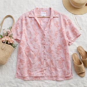 Cynthia Rowley Pink Linen Crane Print Button Shirt 1X Cottagecore Boho